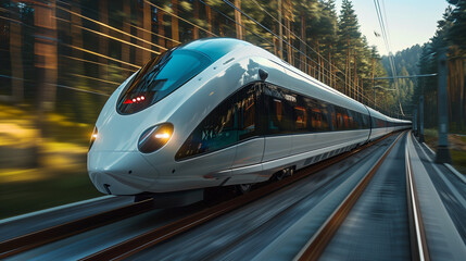 Fototapeta premium A modern high-speed train races along tracks through a dense forest, demonstrating advanced public transportation technology.