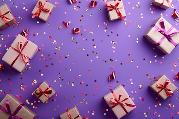 Gift boxes and confetti on purple background, top view.