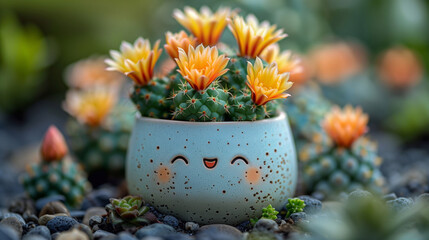 Cactus in ceramic pot with smiley face on nature background.