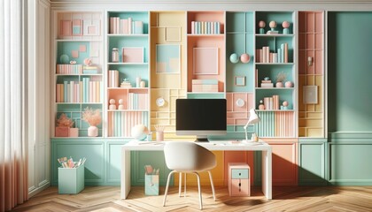 Bright Home Office with Colorful Shelving and Workspace
