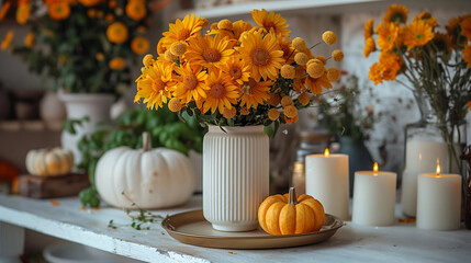Autumn still life with pumpkins, candles and chrysanthemums - obrazy, fototapety, plakaty