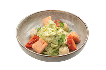 pasta with fish and tomatoes in a plate, cut out