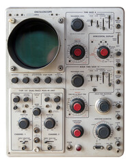 image of the front of an old electronic oscilloscope with a white frame ideal for use as a...