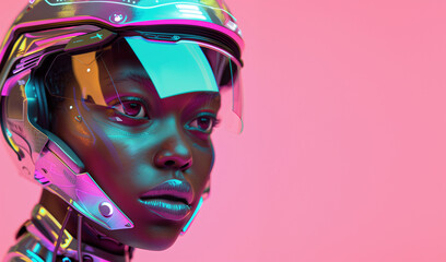 Futuristic female cyborg portrait on pink background: lose-up of a black woman with cybernetic helmet against a vibrant pink backdrop with copy-space - obrazy, fototapety, plakaty