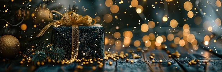 Black gift box with golden bow on bokeh background