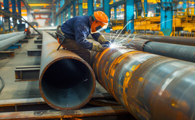 Welding large steel pipes in a factory - 765945699