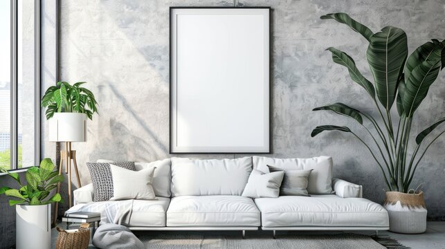 White blank frame mock up poster in interior room background. AI generated image