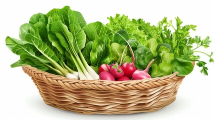 Fresh green leafy vegetables and radishes in a wicker basket on white background. Organic leafy greens and red radishes arranged in a natural wicker basket.