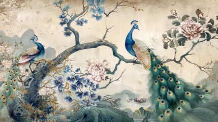 Chinoiserie wallpaper landscape wall mural. Home and office decoration. Birds, trees and flowers. Hand Drawn Design. Luxury gold color.