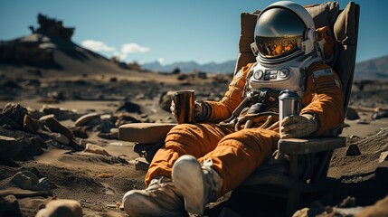 Astronaut in space suit sitting on a rock by the river.