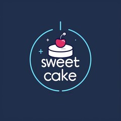 Stylized cake vector graphic with neon glow. Modern sweet cake design with cherry on top. Trendy dessert illustration in blue neon light.