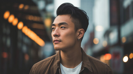Fototapeta premium Asian Man in Profile: Portrait of Male Beauty, Capturing the Graceful Contours and Distinctive Features of a Handsome Asian Gentleman in Thoughtful Repose.