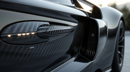 Modern luxury sports car door handle design with integrated LED lights, carbon fiber texture and...