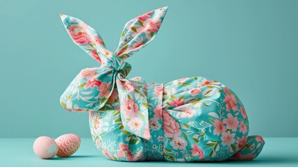 The gift box is wrapped in furoshiki fabric like an Easter bunny on a blue background.