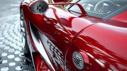 Sleek Red Sports Car Detailing in 3D Rendering with Reflective Surface and Racing Aesthetics