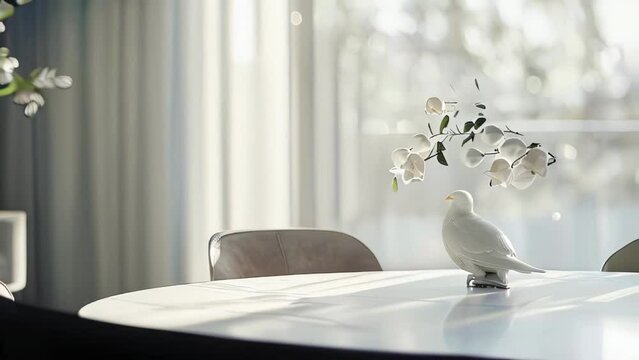 White doves flying on the table in the living room.