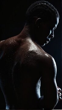 Jovem afro-americano com gotas de suor em seu corpo em fundo preto