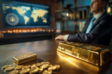 Businessman Contemplating Wealth in Office with Gold Bars and Coins - obrazy, fototapety, plakaty