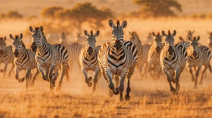 Poster Dynamic movement of a herd of zebras galloping across the savannah, illuminated by the golden hues of sunlight © Hamza