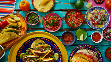 Happy Cinco de Mayo. Holiday banner.. Traditionale Mexican food, salsa, tacos, tamales on blue...