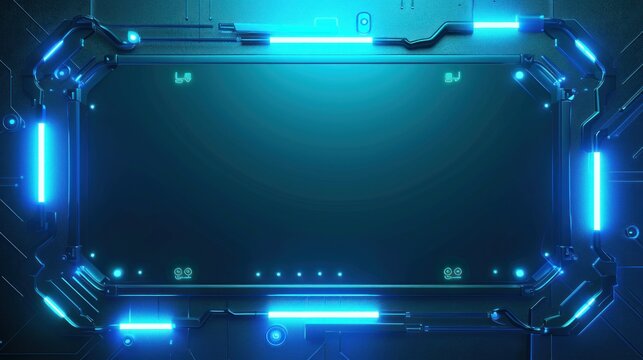Neon Blue Glowing metal Frame Isolated on blue Background. AI generated image