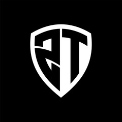 ZT monogram logo with bold letters shield shape with black and white color design
