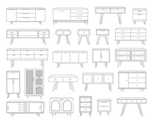 Fototapeta na wymiar Chest of drawers, bedside tables outline icon set. Linear illustration of TV stand, dresser, and other storage furniture for design interior. Line art vector illustration isolated on white background.