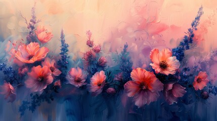 Pink flowers on blue and pink background - obrazy, fototapety, plakaty