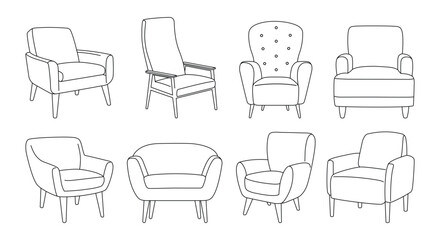 Armchair outline icon set. Linear chairs collection. Trendy Line art illustration of soft furniture. Scandinavian armchairs sketches. Vector illustration isolated on white background.