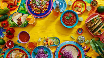Happy Cinco de Mayo. Holiday banner.. Traditionale Mexican food, salsa, tacos, tamales on yellow...