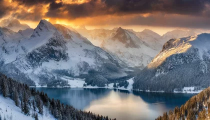 Photo sur Plexiglas Tatras a glaring sunny morning with snow piling up on a glistening lake