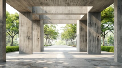 3D rendering. Empty space concrete room of hallway building with nature park background.AI generated