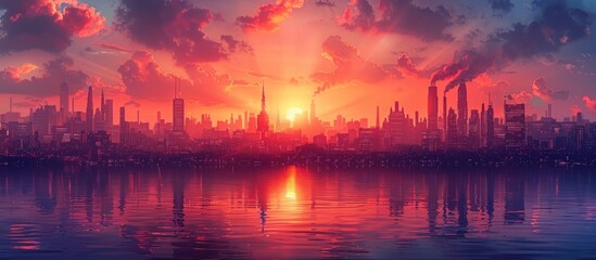 sunset in city with a steampunk theme