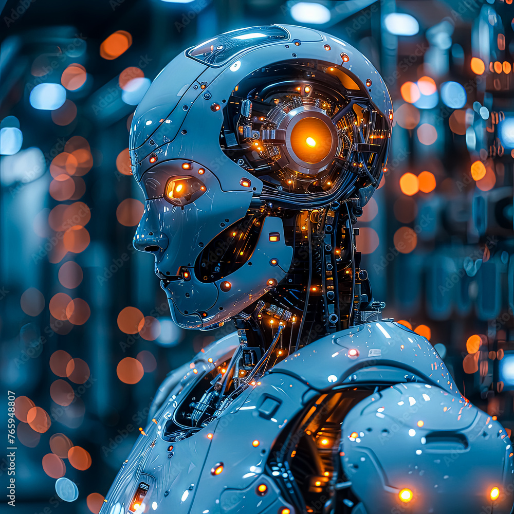 Poster a robot with a glowing head and a glowing body. the robot is surrounded by a blurry background with 