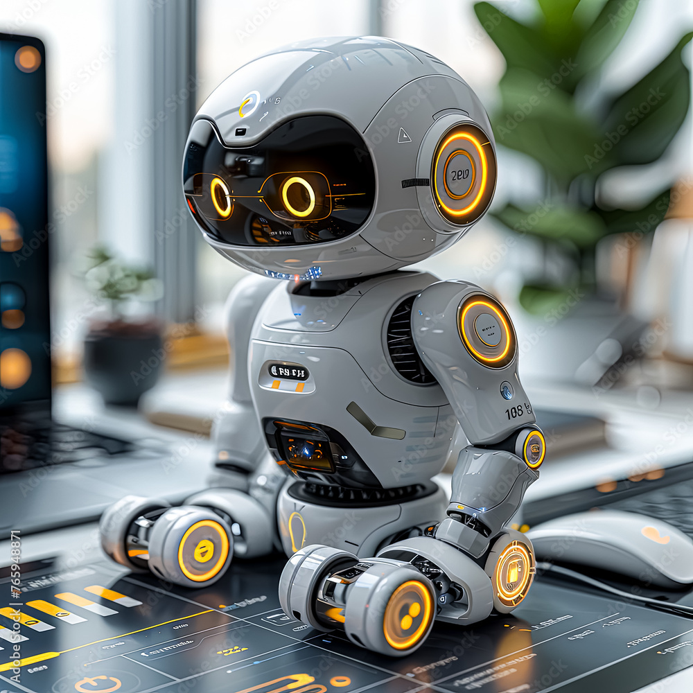 Poster a robot with a glowing head and a glowing body. the robot is surrounded by a blurry background with 