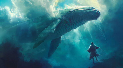 Jonah and the Whale: Biblical Tale from the Book of Jonah - Aqua Sanctuary, Jonah's Spiritual Respite Within the Heart of the Whale, Reflecting on Divine Intervention and Redemption.