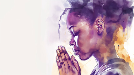 Graceful African American Woman Praying: Abstract Watercolor Portrait, Profile Side View, White Background, with Copy Space - Ideal for Banner Use. - obrazy, fototapety, plakaty