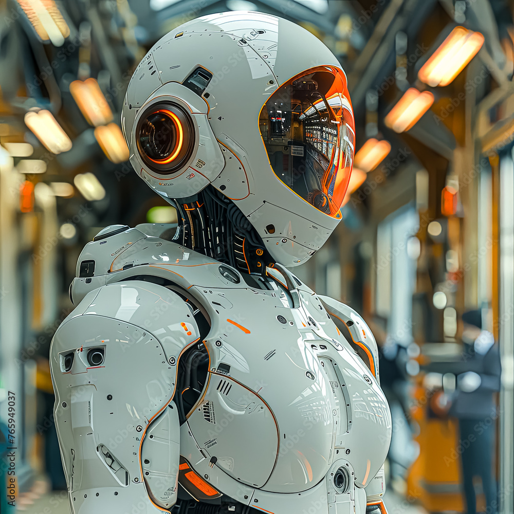 Poster a robot with a glowing head and a glowing body. the robot is surrounded by a blurry background with 