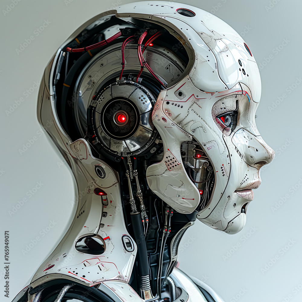 Poster a robot with a glowing head and a glowing body. the robot is surrounded by a blurry background with 