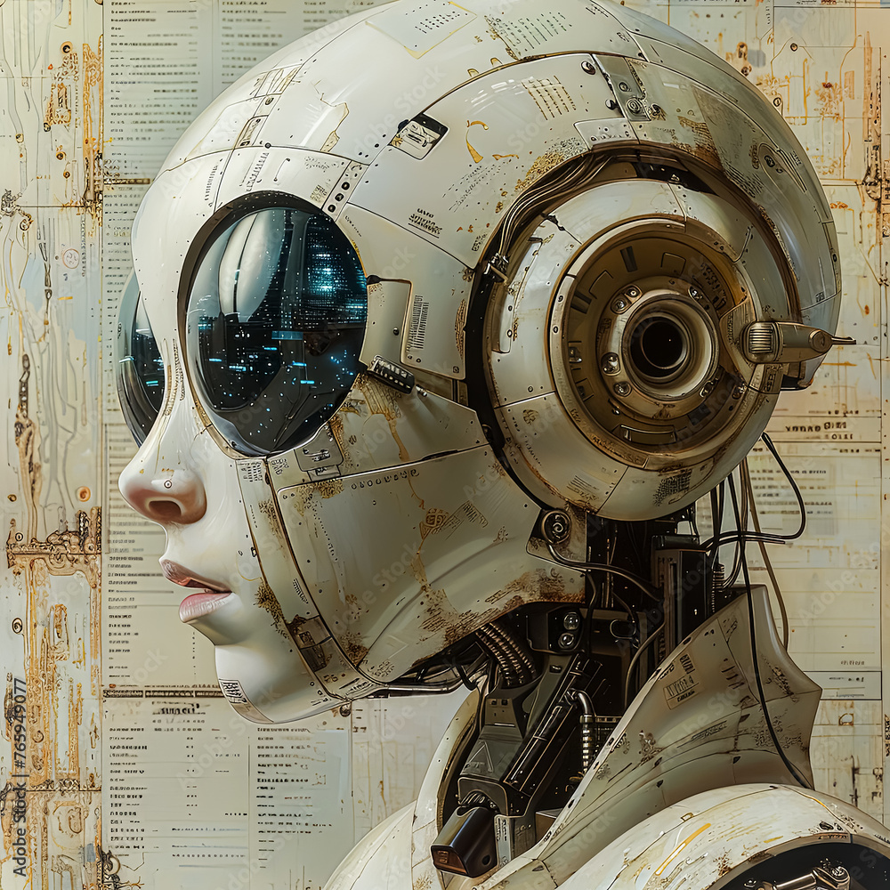 Poster a robot with a glowing head and a glowing body. the robot is surrounded by a blurry background with 