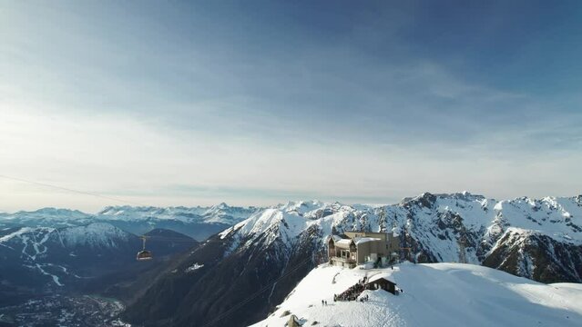 Cable Car Station In Snowy French Alps Mountains Drone Shot