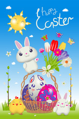 Happy Easter, beautiful card, funny animals, rabbit, little chicken, basket with Easter eggs. Vector illustration.