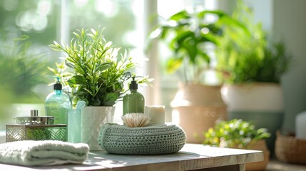 A serene green bathroom aesthetic with natural light, fresh plants and spa accessories. This image captures the harmonious combination of nature and relaxation: a well-lit bathroom corner decorated - obrazy, fototapety, plakaty