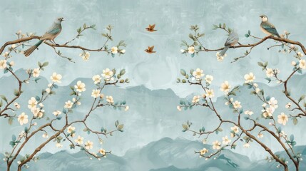 Chinoiserie wallpaper landscape wall mural. Home and office decoration. Birds, trees and flowers....