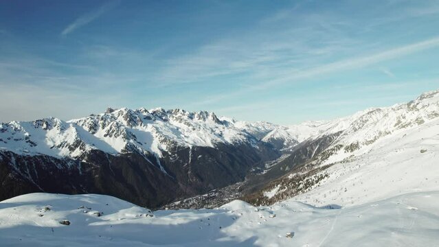 Chamonix Valley From Above Drone Shot With Snowy Mountain Peaks