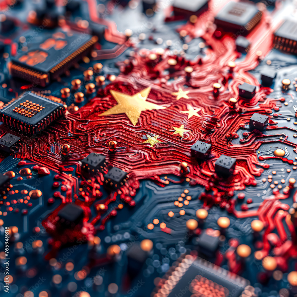 Poster a computer chip with a red star and a red background