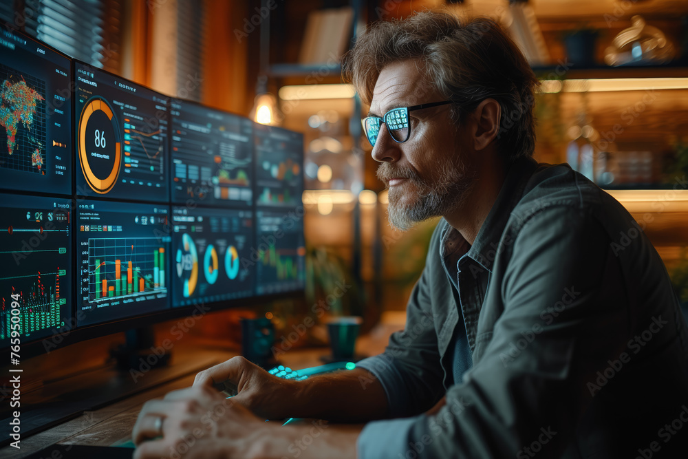 Poster a manager reviewing financial charts and graphs on a computer screen, emphasizing data-driven decisi