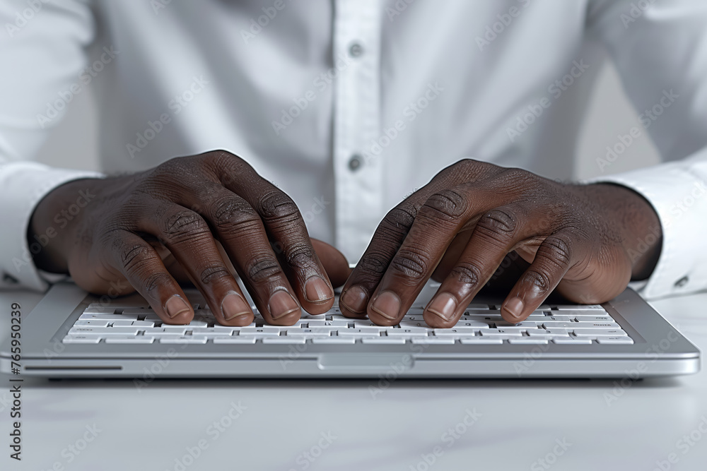 Poster a close-up of hands typing on a sleek laptop keyboard, symbolizing productivity and efficiency in th