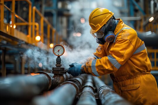 A man in a yellow jacket is working on a pipe with a pressure gauge