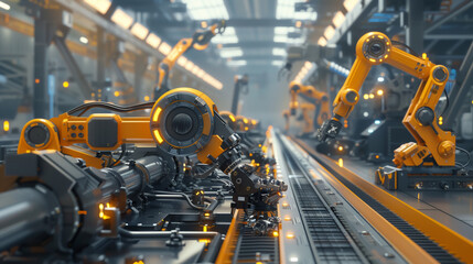 Fototapeta premium Robot arm inside electronics factory. Component installation on circuit board. Electronic devices production industry. Fully automated modern assembly line